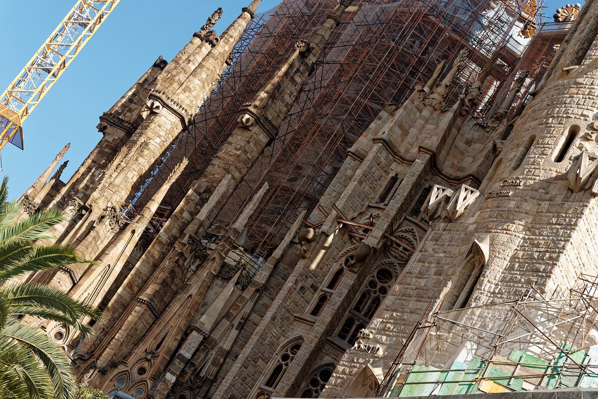 La Sagrada Família vue depuis la Plaça de la Sagrada Família, avec ses tours et ses grues au-dessus des arbres